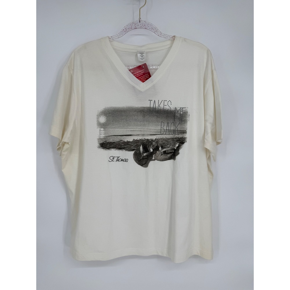Del Sol Womens Cream Takes Me‎ Back St Thomas Graphic V Neck T Shirt Sz 2XL NWT